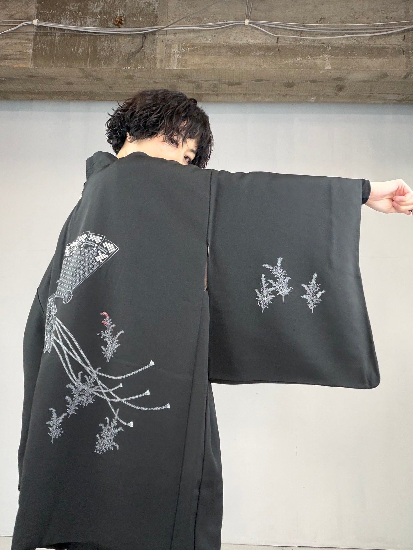 VINTAGE BLACK HAORI  "ougi, BLK122"