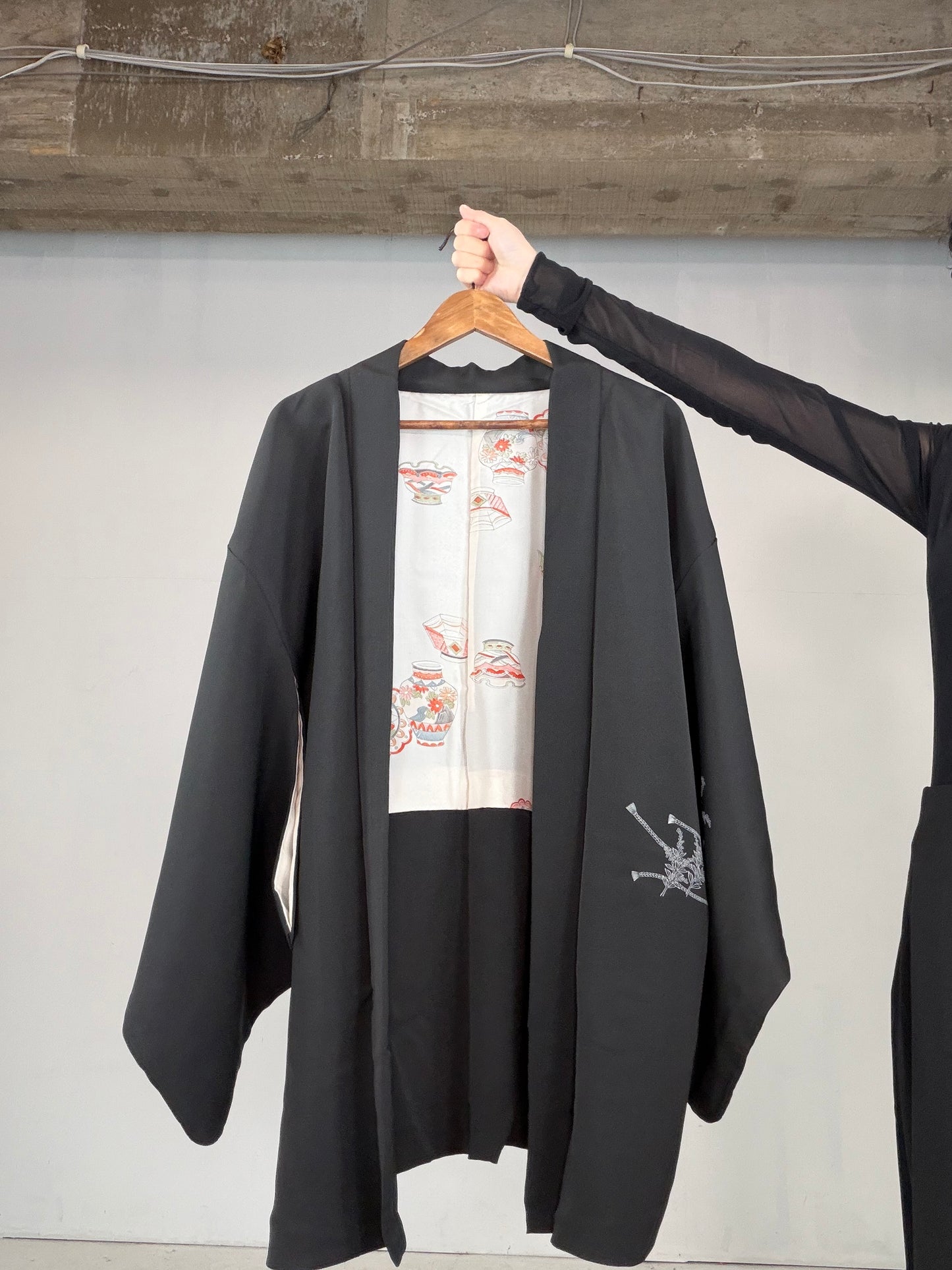 VINTAGE BLACK HAORI  "ougi, BLK122"