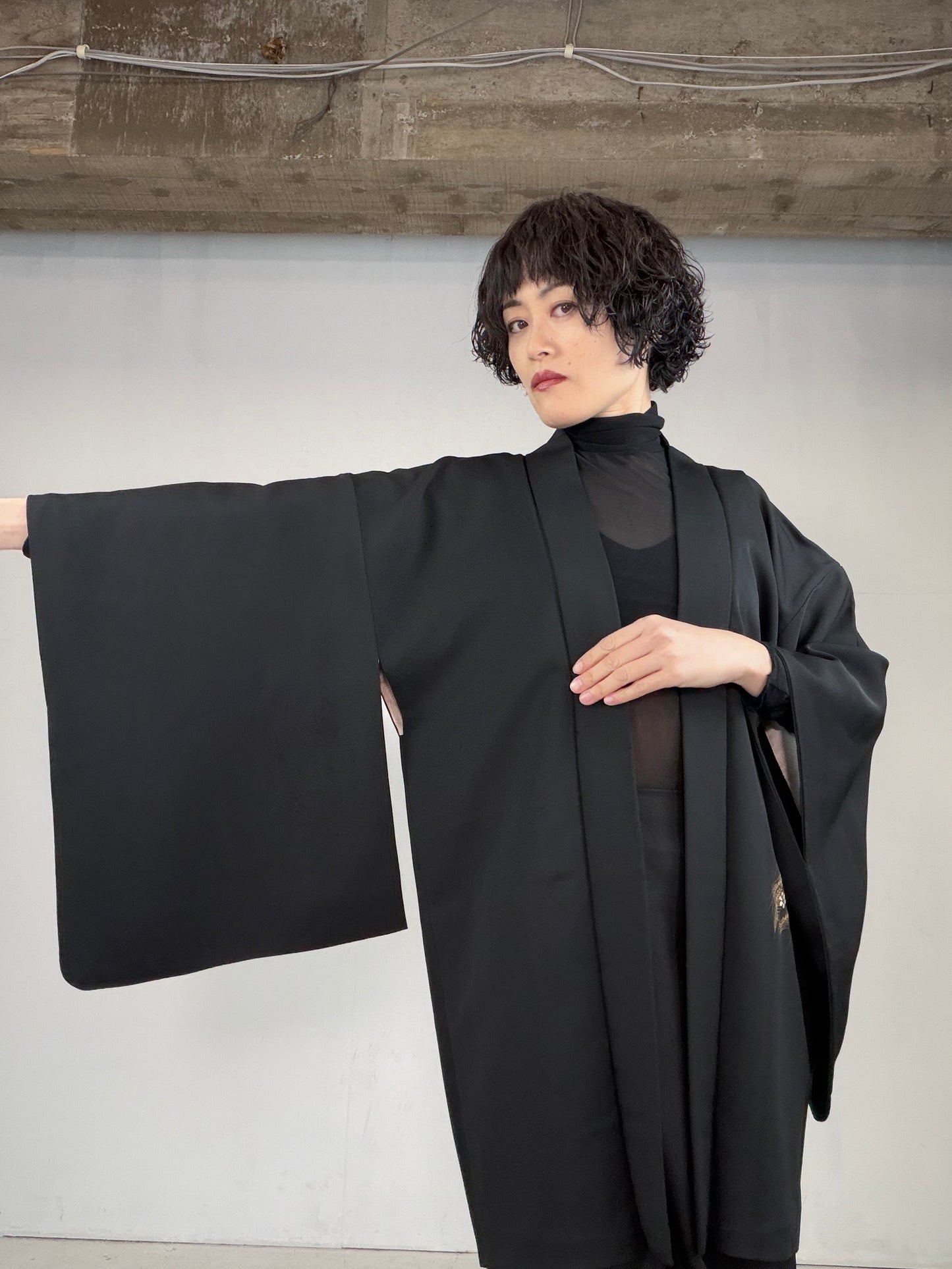 VINTAGE BLACK HAORI  "susuki-kobana, BLK123"