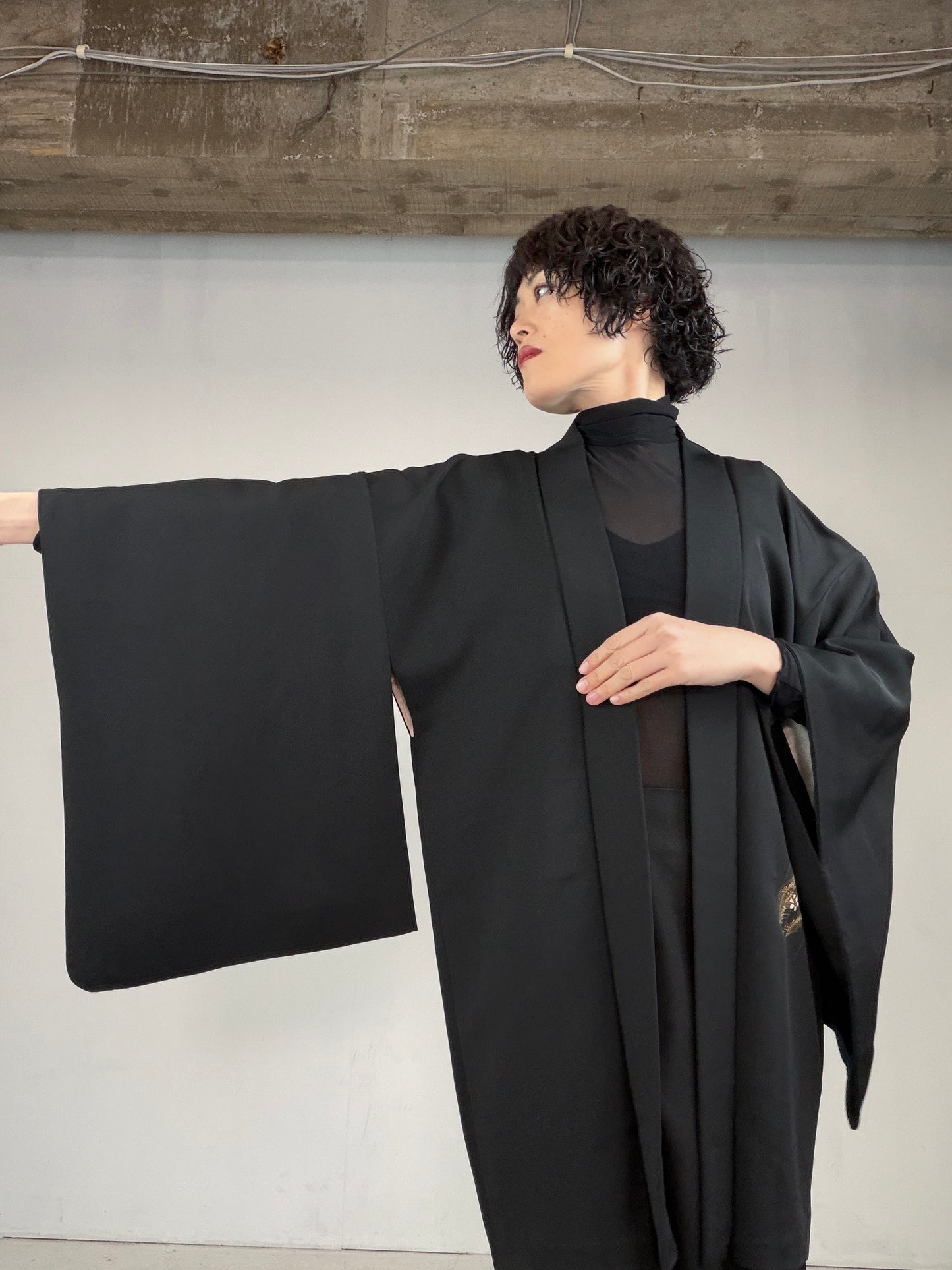VINTAGE BLACK HAORI  "susuki-kobana, BLK123"