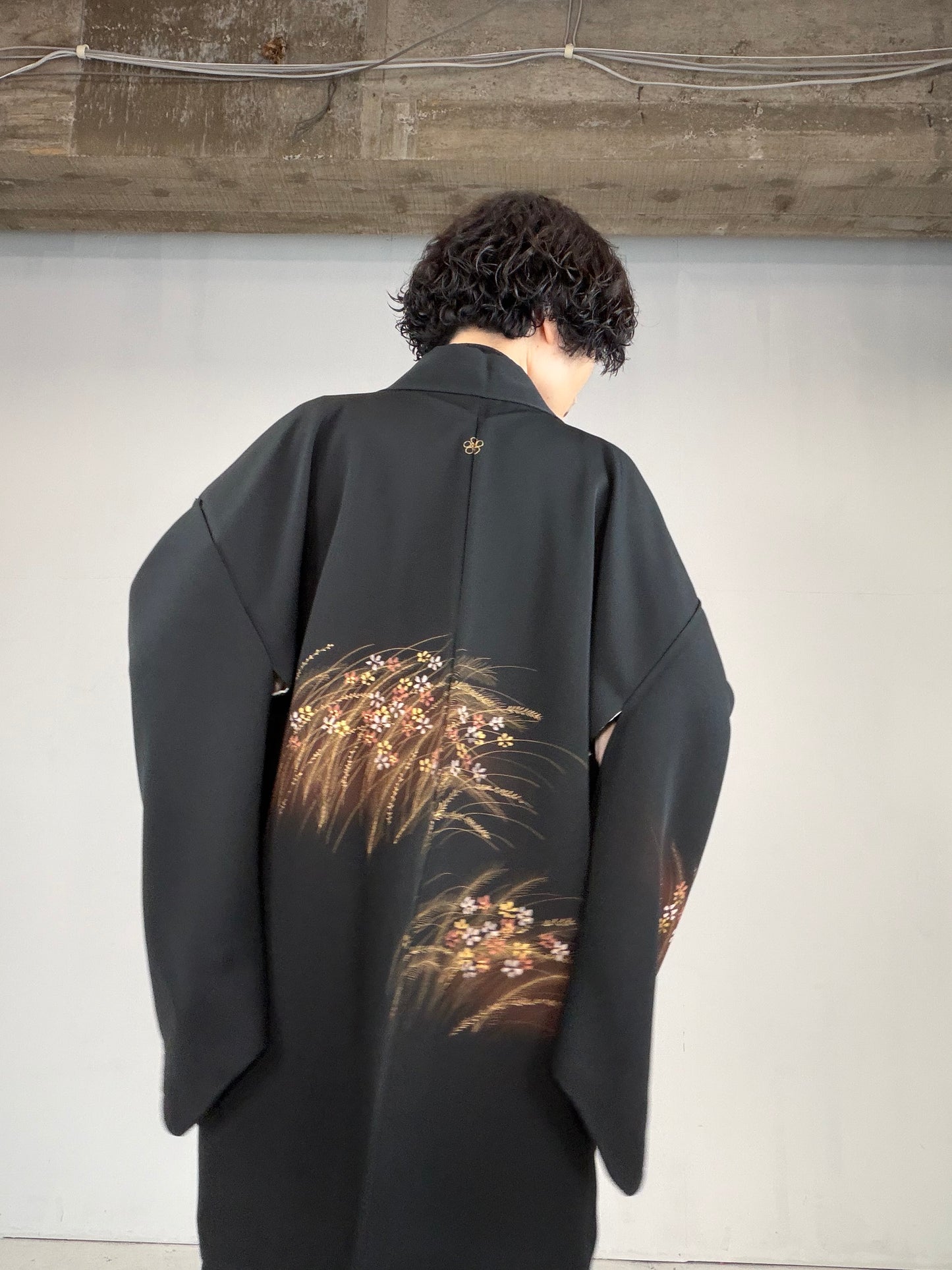 VINTAGE BLACK HAORI  "susuki-kobana, BLK123"