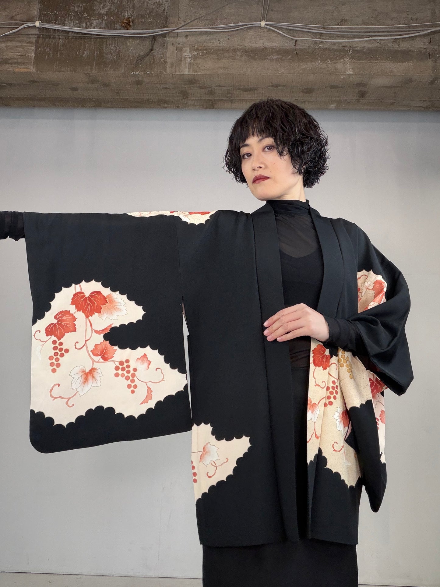 VINTAGE BLACK HAORI  "budou, BLK126"
