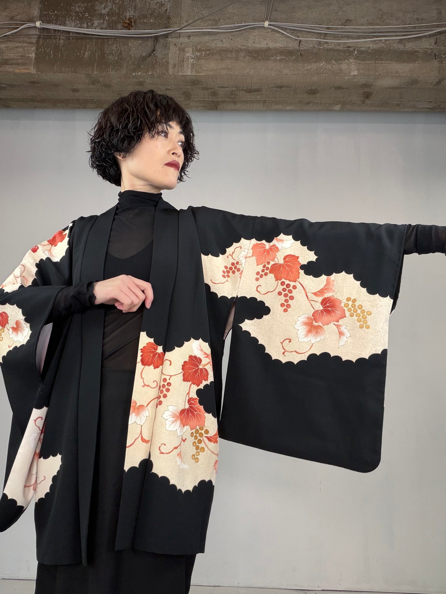 VINTAGE BLACK HAORI  "budou, BLK126"