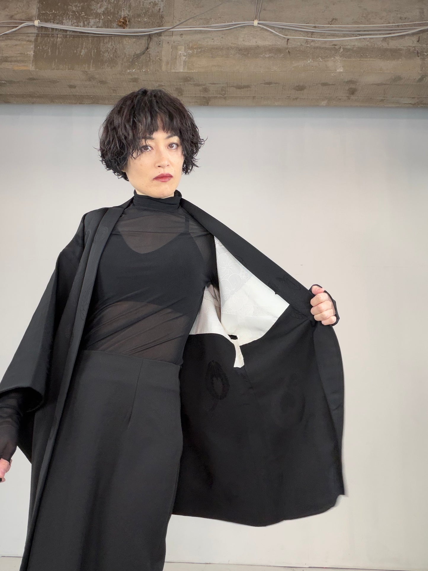 VINTAGE BLACK HAORI  "fuji, BLK128"