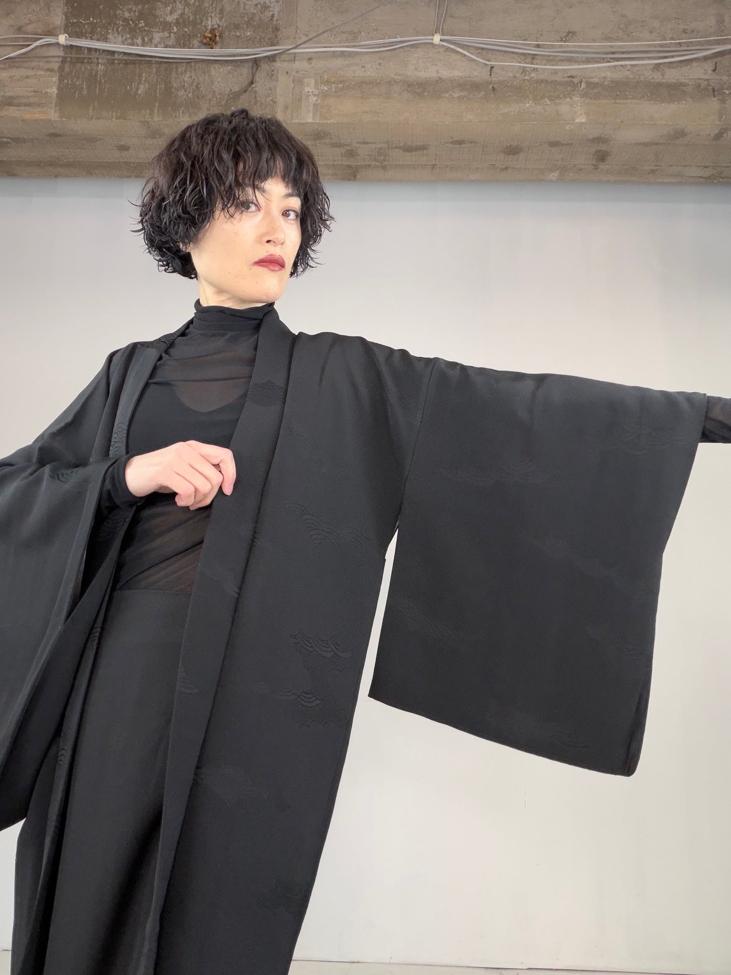 VINTAGE BLACK HAORI  "seigaiha, BLK129"
