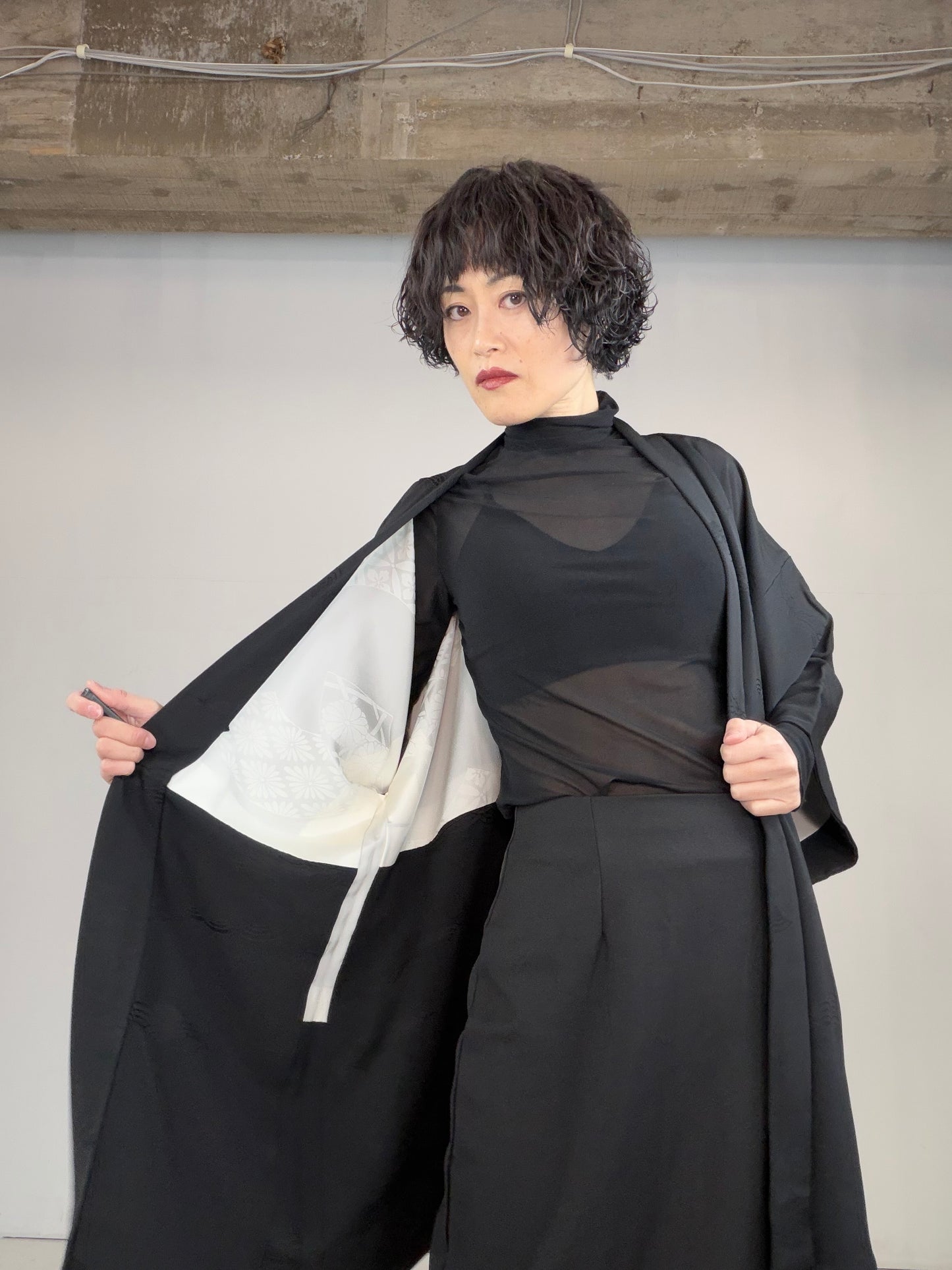 VINTAGE BLACK HAORI  "seigaiha, BLK129"
