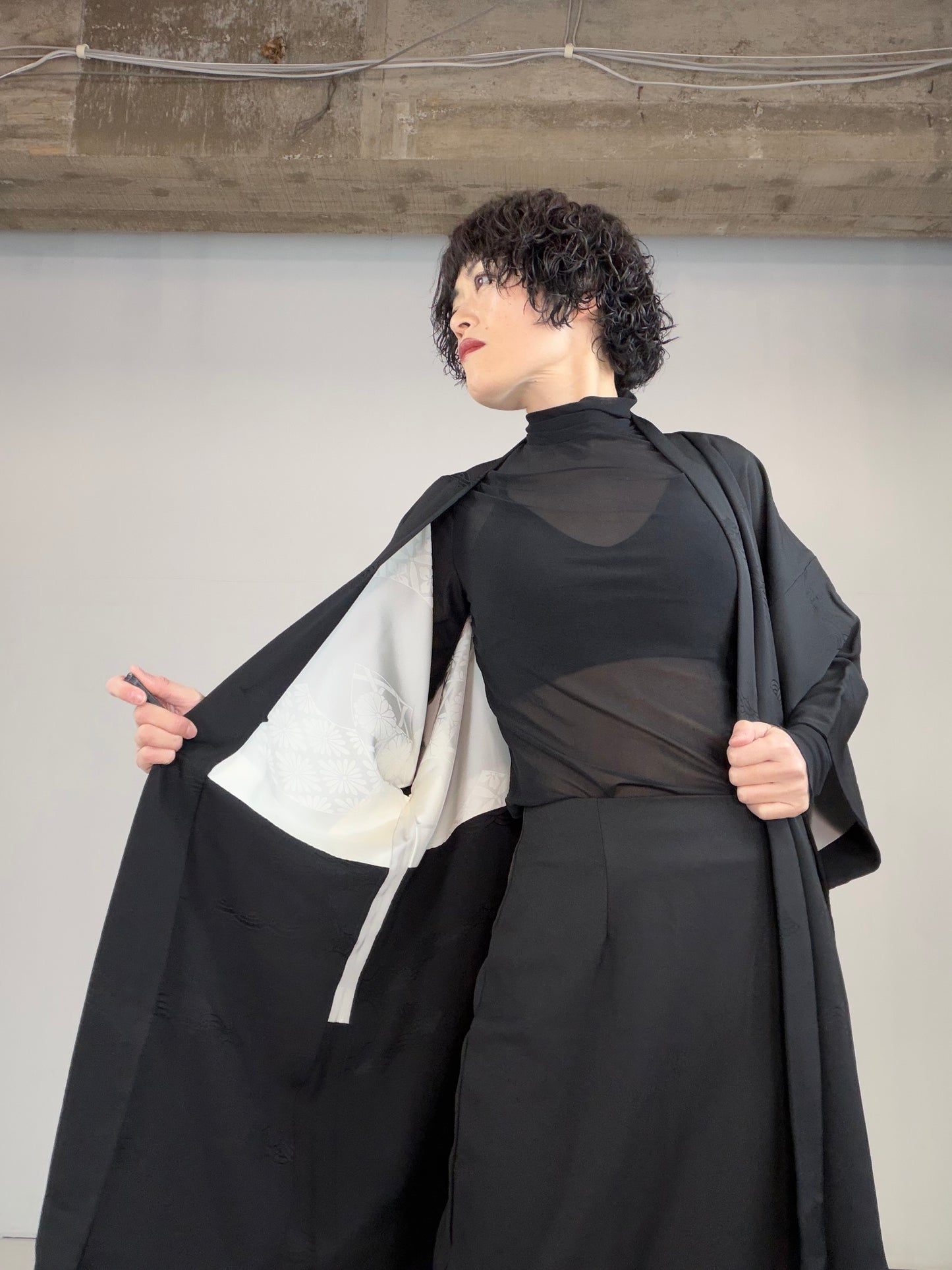 VINTAGE BLACK HAORI  "seigaiha, BLK129"