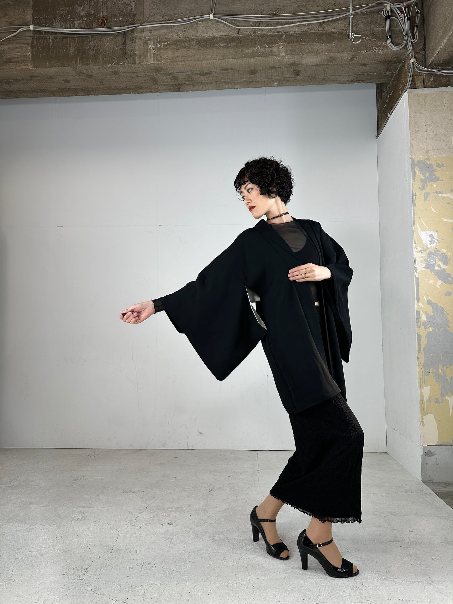 VINTAGE BLACK HAORI "ground pattern, katabami ”