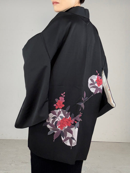 VINTAGE BLACK HAORI "painted,  akamurasaki, flower"