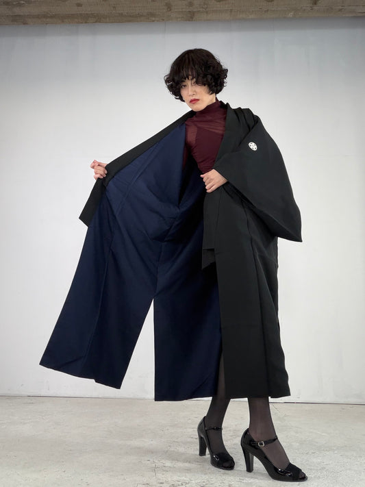 Kimono Dress Gown with String Belt – Upcycled from Vintage Men’s KUROMONTSUKI Kimono, DRE034