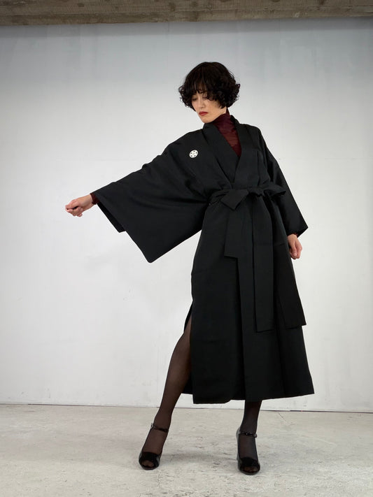 Kimono Dress Gown with String Belt – Upcycled from Vintage Men’s KUROMONTSUKI Kimono, DRE034