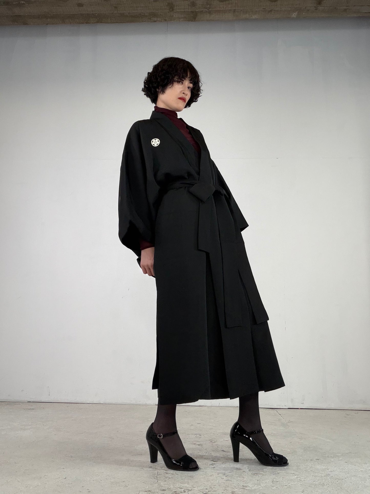 Kimono Dress Gown with String Belt – Upcycled from Vintage Men’s KUROMONTSUKI Kimono, DRE034