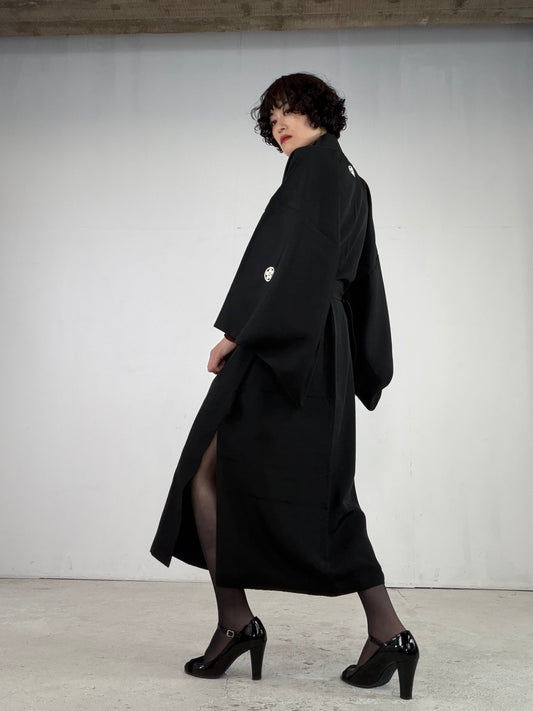 Kimono Dress Gown with String Belt – Upcycled from Vintage Men’s KUROMONTSUKI Kimono, DRE034