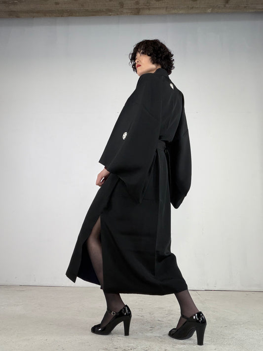 Kimono Dress Gown with String Belt – Upcycled from Vintage Men’s KUROMONTSUKI Kimono, DRE034