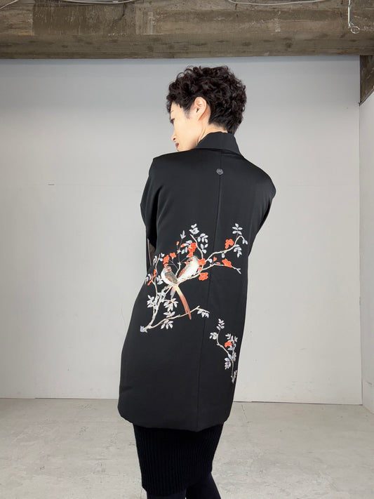 VINTAGE BLACK HAORI "painted,  bird tree"