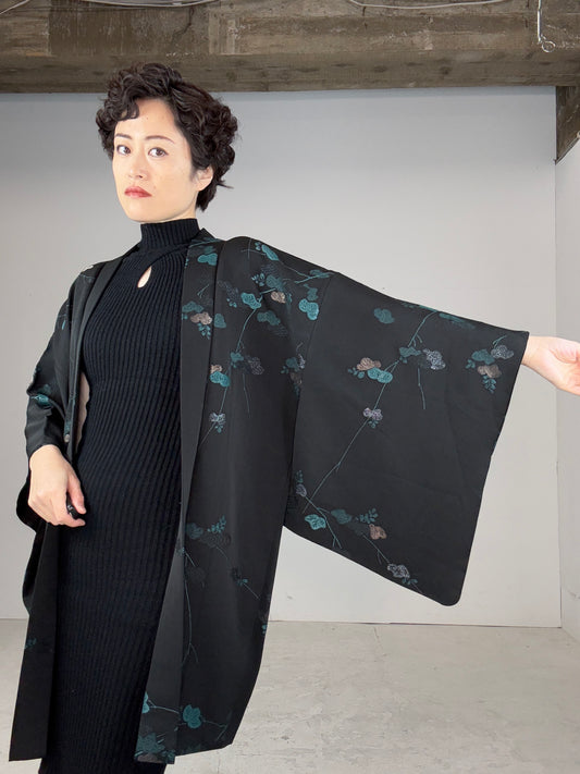 VINTAGE BLACK HAORI "unique pattern, matsu, glitter ageha"