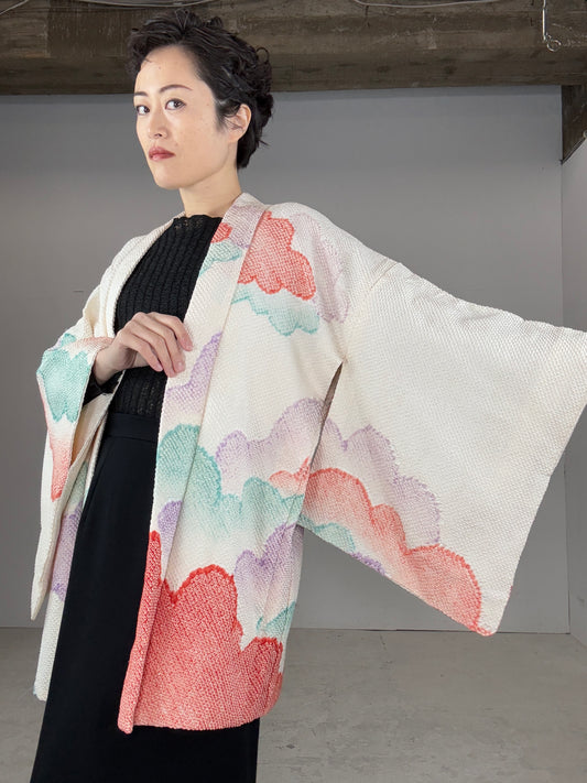 VINTAGE SHIBORI HAORI "white, kumotori"