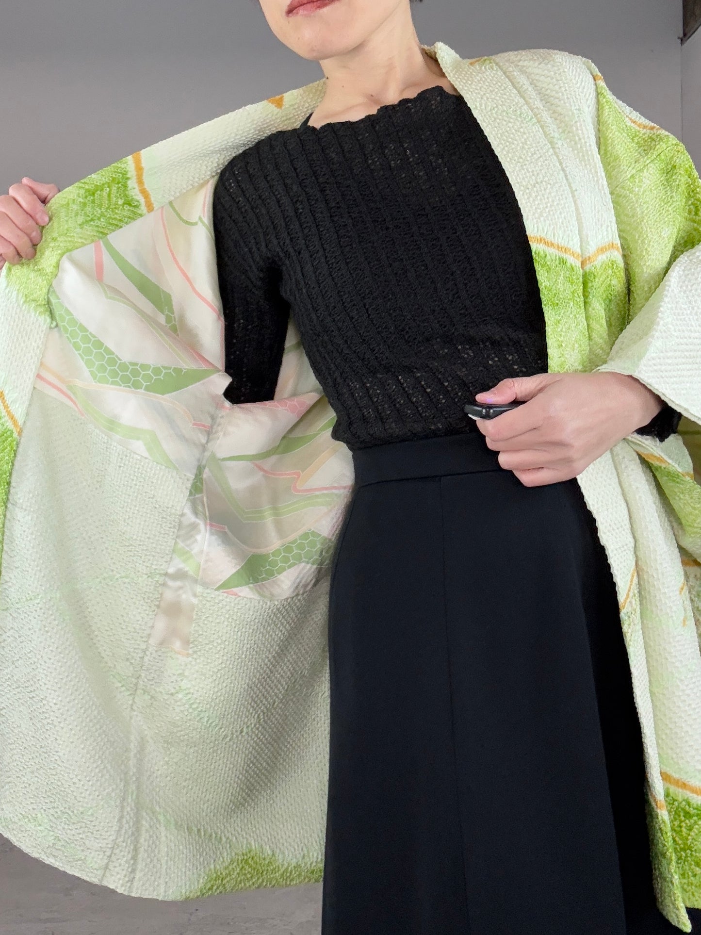 VINTAGE SHIBORI HAORI "white, green"