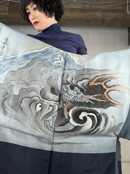 VINTAGE KAWAII HAORI oversized  "oshima, blue,dragon,fuji,059"