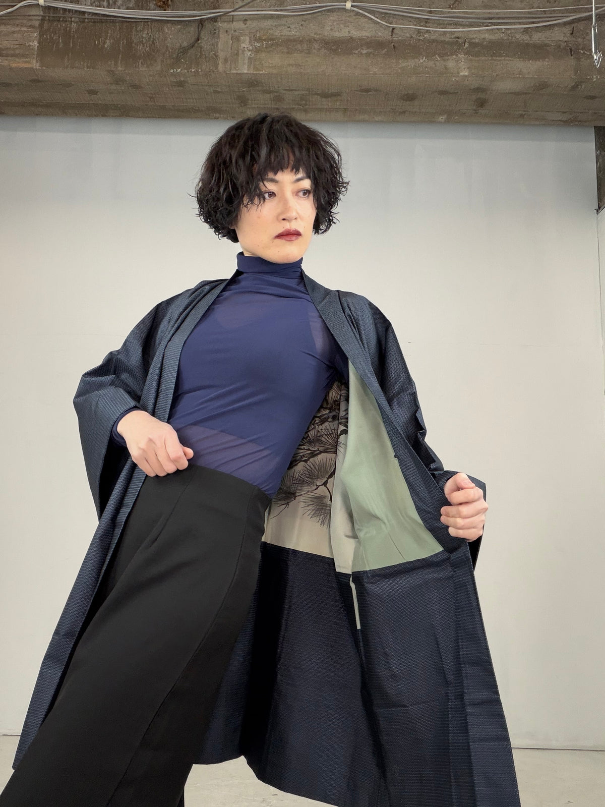 VINTAGE KAWAII HAORI oversized  "oshima, blue, matu , 058"