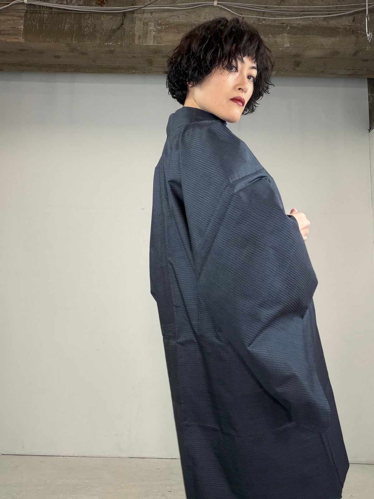 VINTAGE KAWAII HAORI oversized  "oshima, blue, matu , 058"