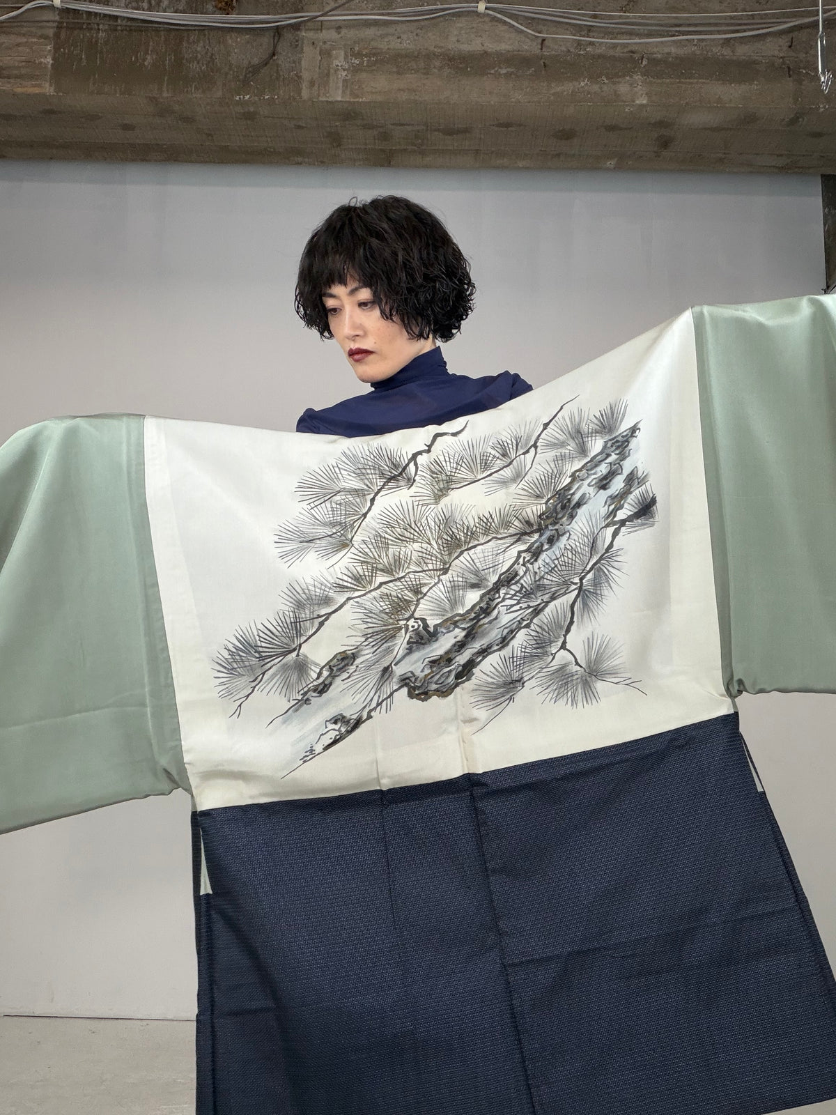 VINTAGE KAWAII HAORI oversized  "oshima, blue, matu , 058"