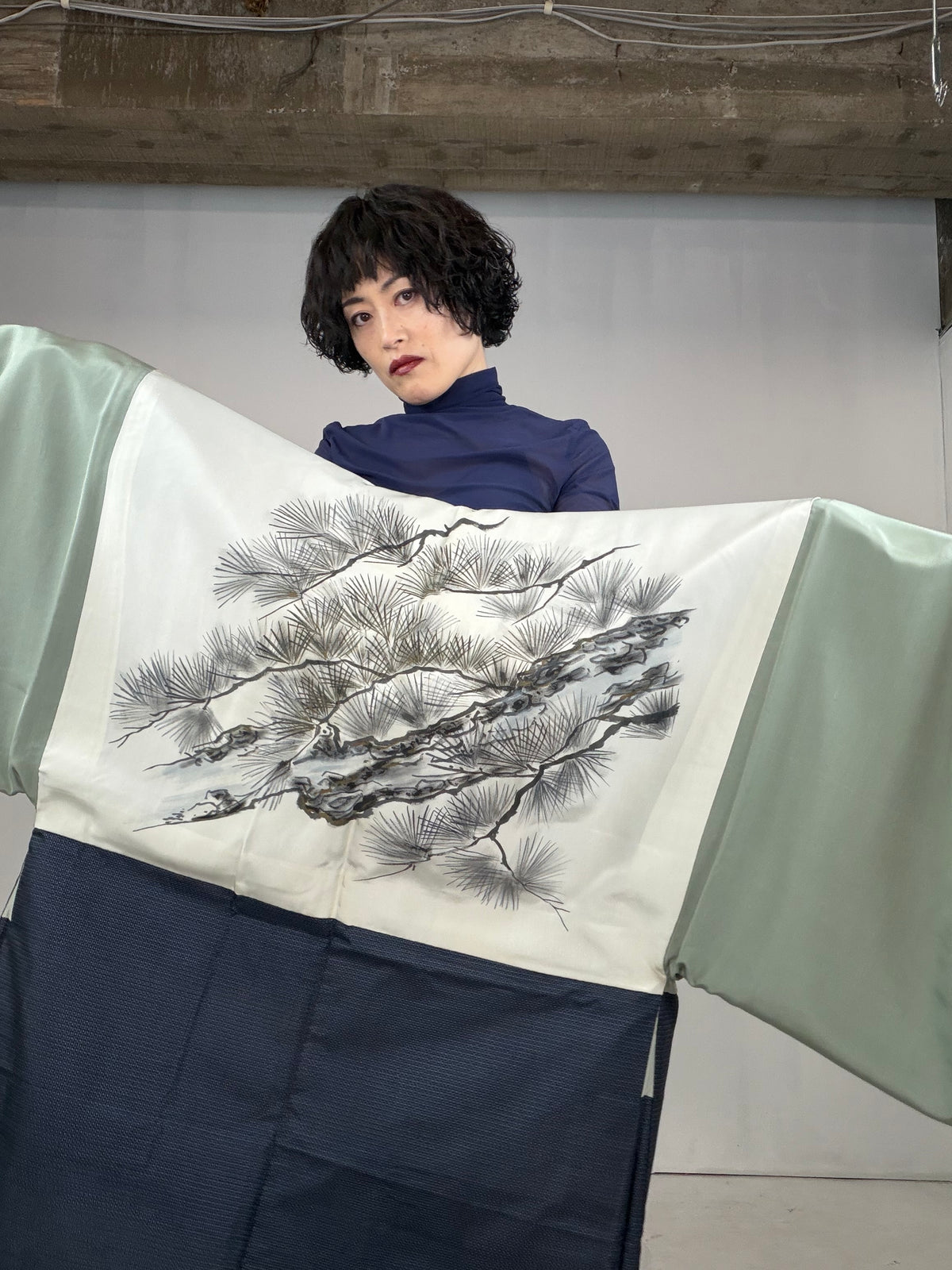 VINTAGE KAWAII HAORI oversized  "oshima, blue, matu , 058"