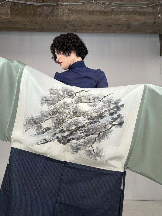 VINTAGE KAWAII HAORI oversized  "oshima, blue, matu , 058"