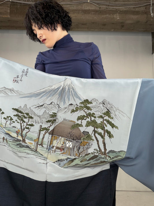 VINTAGE KAWAII HAORI oversized  "oshima, blue, fuji ,cyaya , tabi , 044"