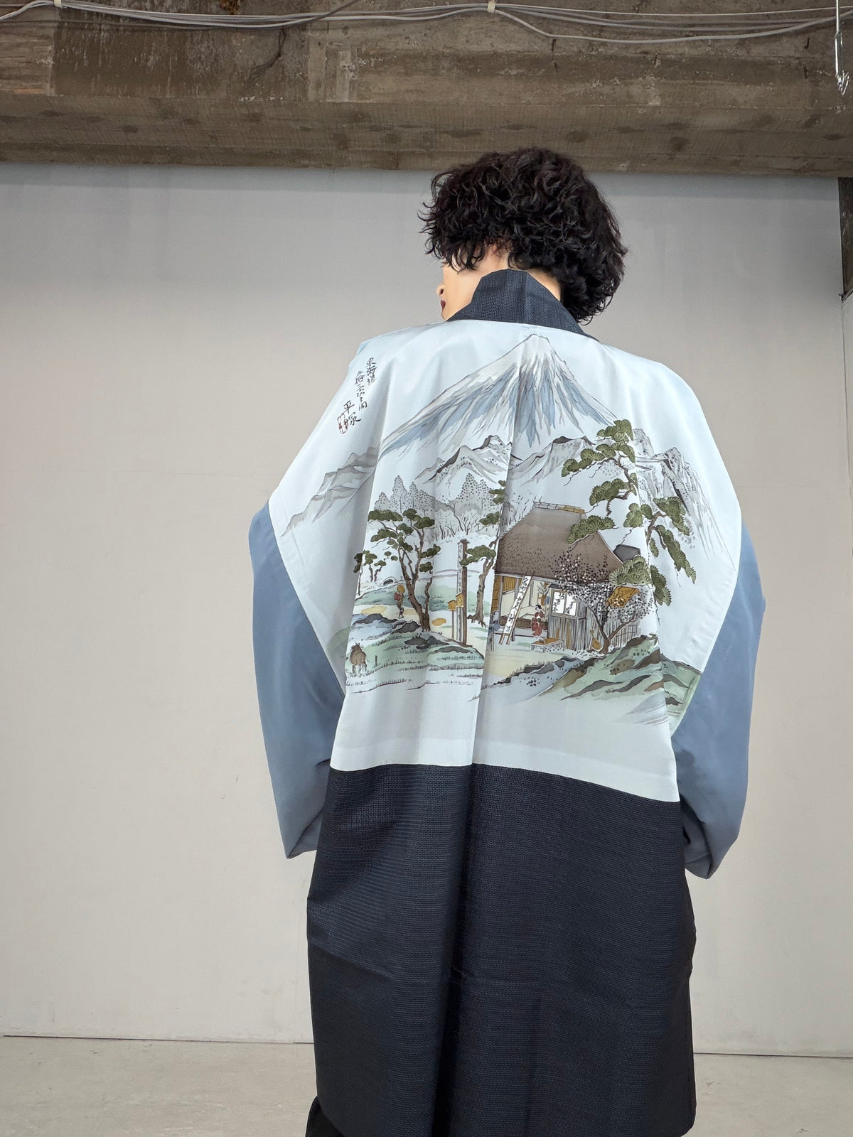 VINTAGE KAWAII HAORI oversized  "oshima, blue, fuji ,cyaya , tabi , 044"