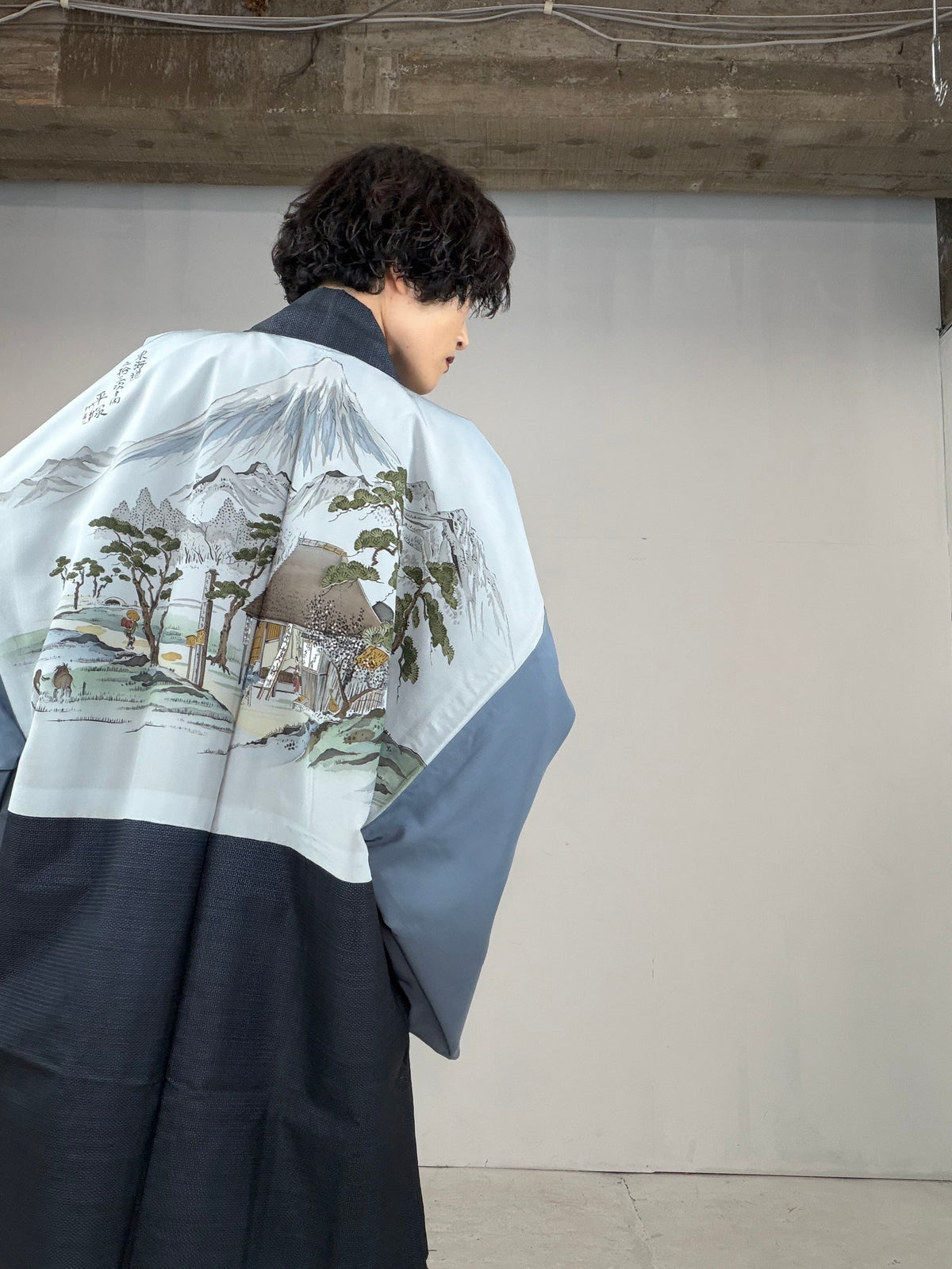 VINTAGE KAWAII HAORI oversized  "oshima, blue, fuji ,cyaya , tabi , 044"