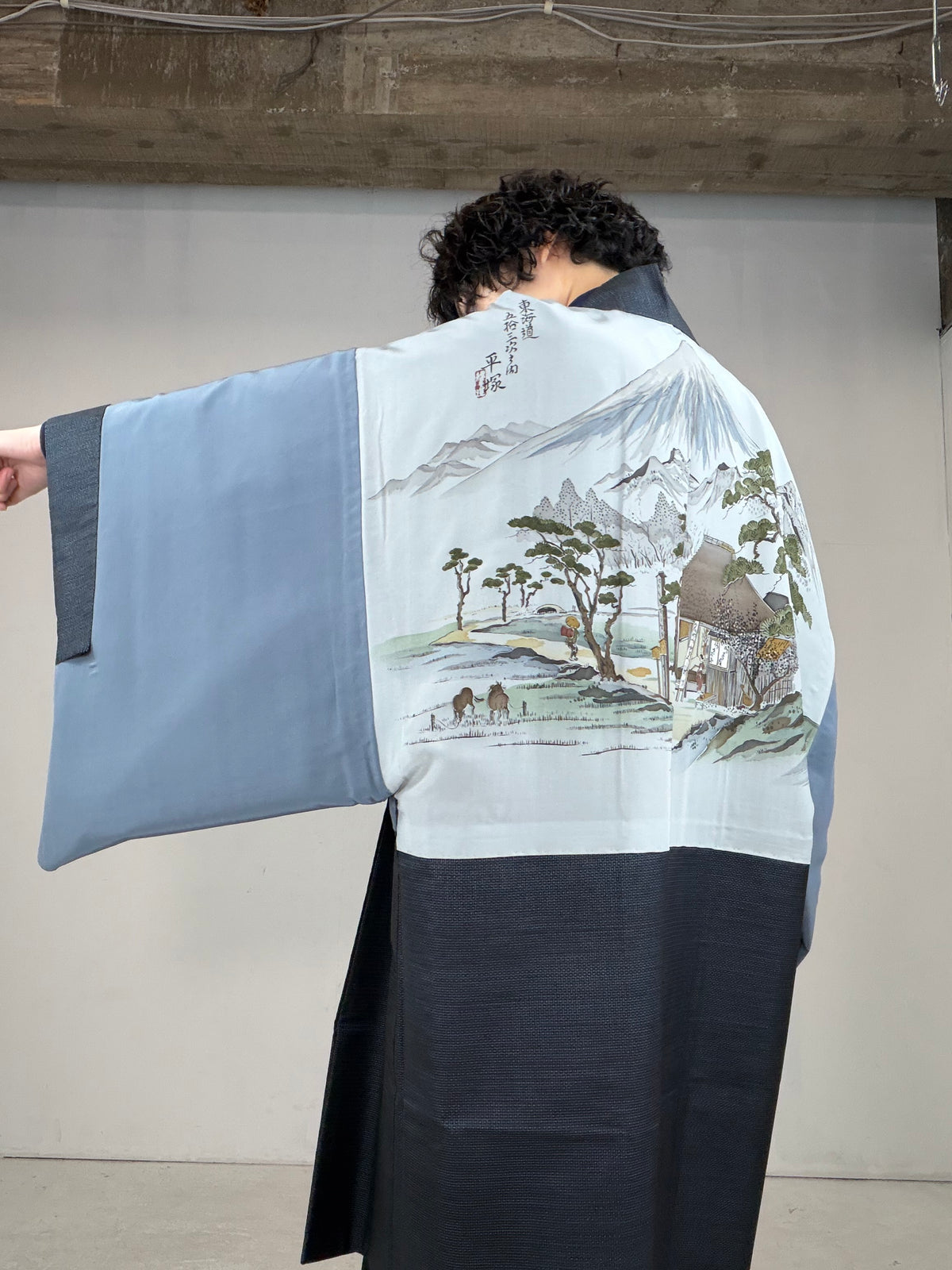VINTAGE KAWAII HAORI oversized  "oshima, blue, fuji ,cyaya , tabi , 044"