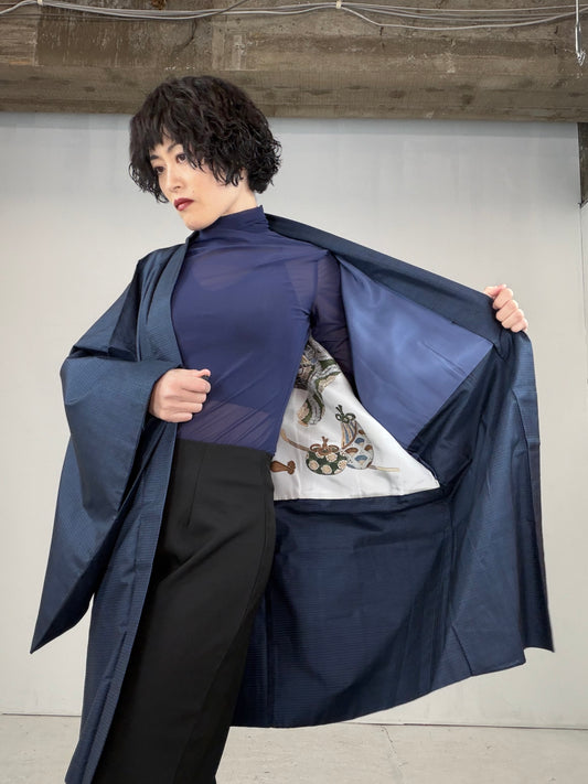 VINTAGE KAWAII HAORI oversized  "oshima, blue , emaki , fuji , ocha , 043" shoshi-ari