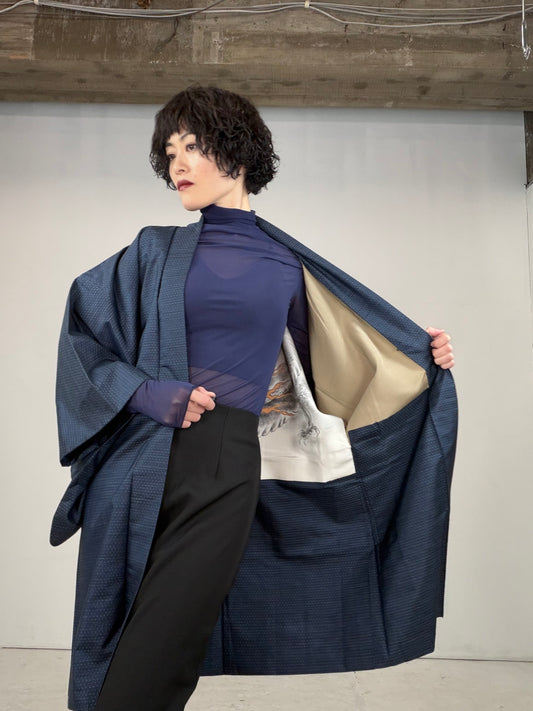 VINTAGE KAWAII HAORI oversized  "oshima, blue,  dragon 034"