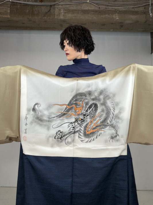 VINTAGE KAWAII HAORI oversized  "oshima, blue,  dragon 034"