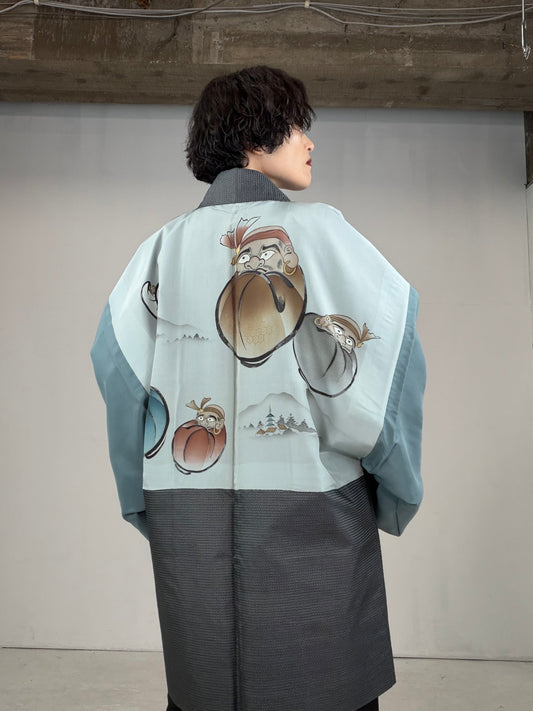 VINTAGE KAWAII HAORI oversized  "oshima,  brown, daruma , 040"