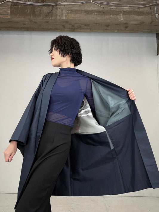 VINTAGE KAWAII HAORI oversized  "oshima, blue,   dragon 033"