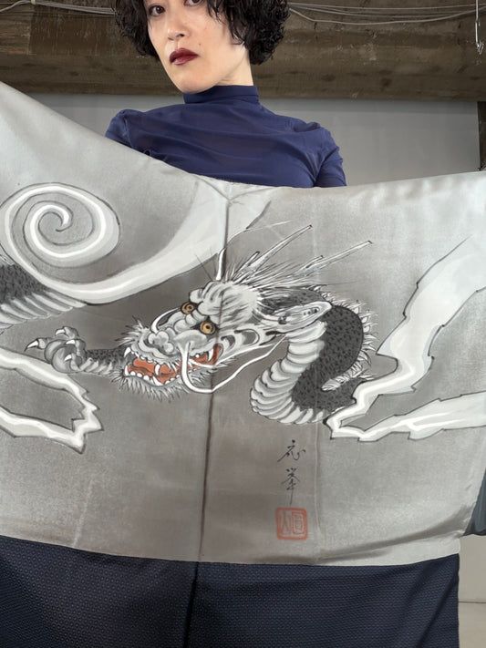 VINTAGE KAWAII HAORI oversized  "oshima, blue,   dragon 033"