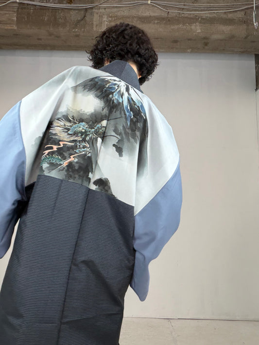 VINTAGE KAWAII HAORI oversized  "oshima, blue,dragon,fuji,028" *damage