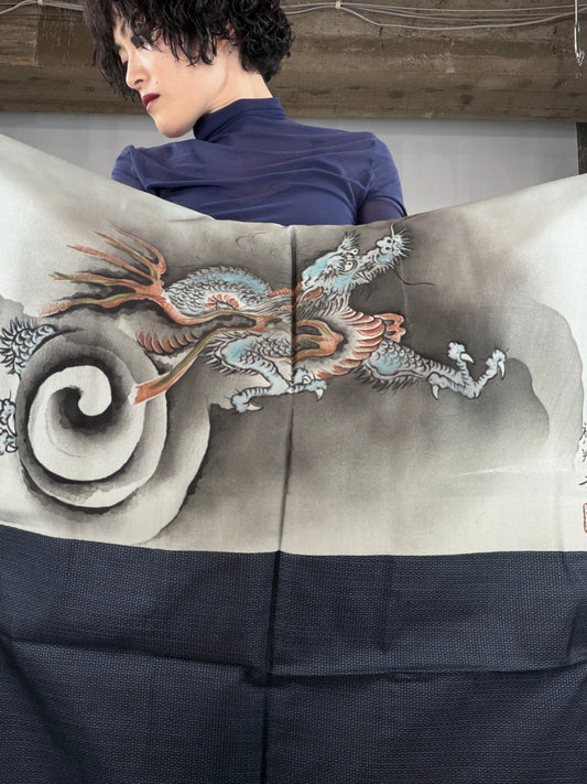 VINTAGE KAWAII HAORI oversized  "oshima, blue,  dragon 029"*damage