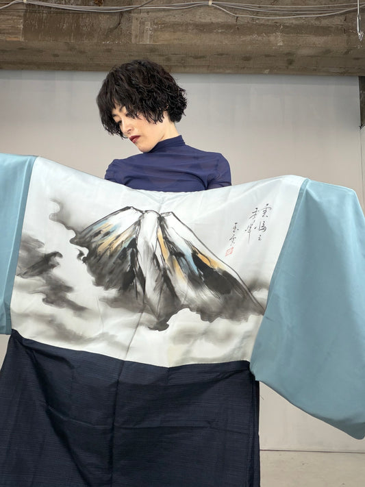 VINTAGE KAWAII HAORI oversized  "oshima, blue, fuji, 017"