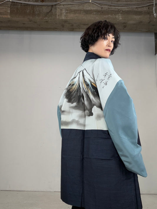 VINTAGE KAWAII HAORI oversized  "oshima, blue, fuji, 017"