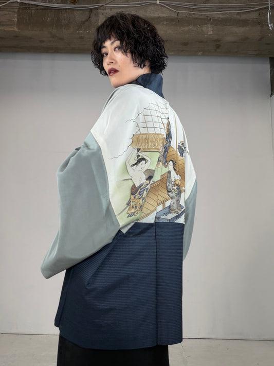 VINTAGE KAWAII HAORI oversized  "oshima, blue, jyoseitachi, 016" *damage