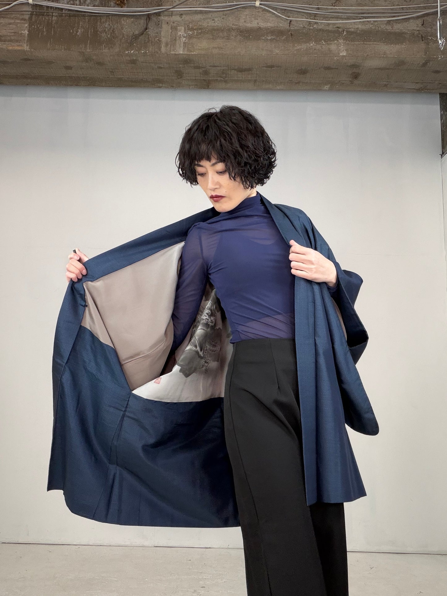 VINTAGE KAWAII HAORI oversized  "oshima, blue, fuji,  dragon 013"