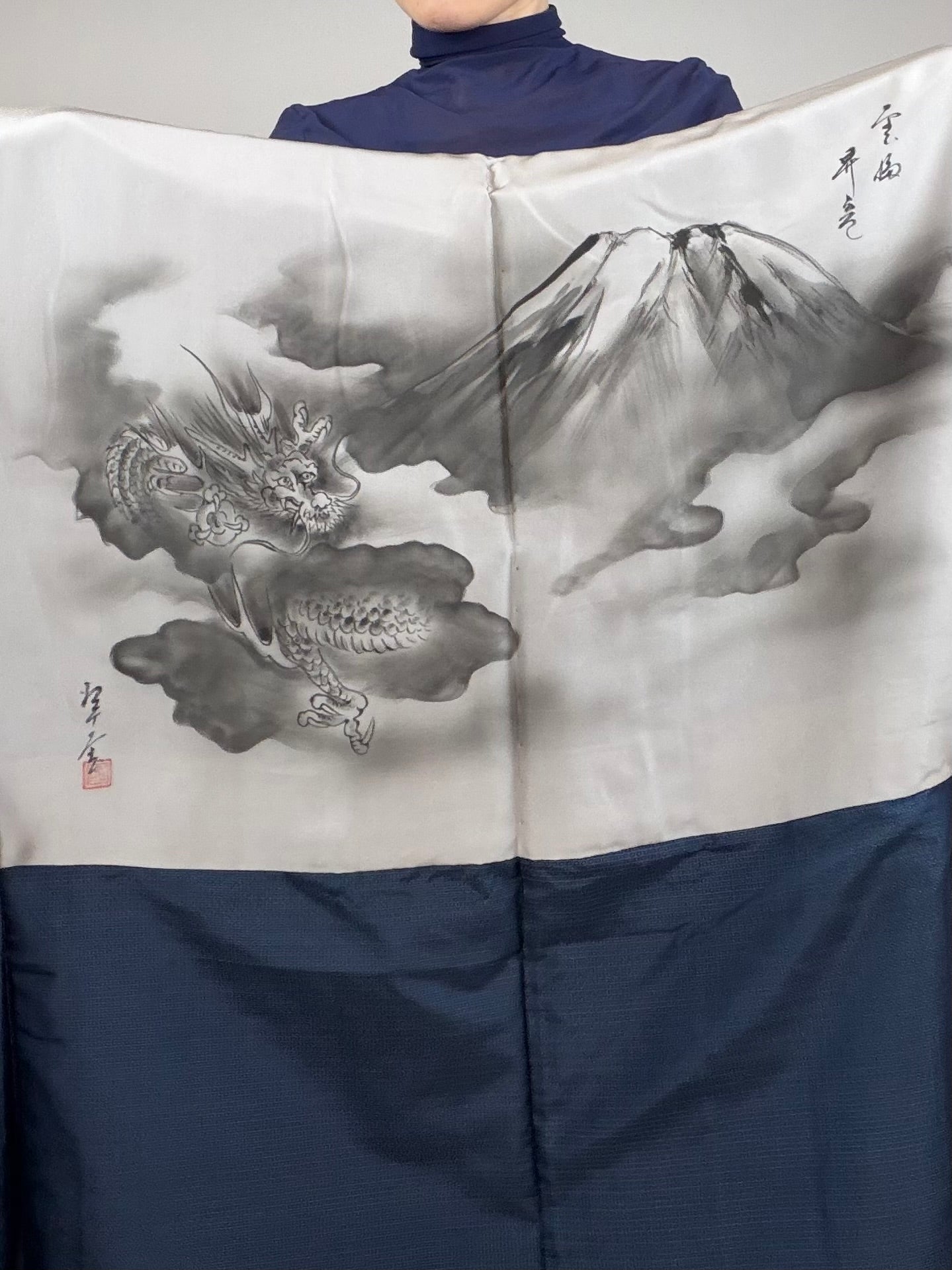 VINTAGE KAWAII HAORI oversized  "oshima, blue, fuji,  dragon 013"