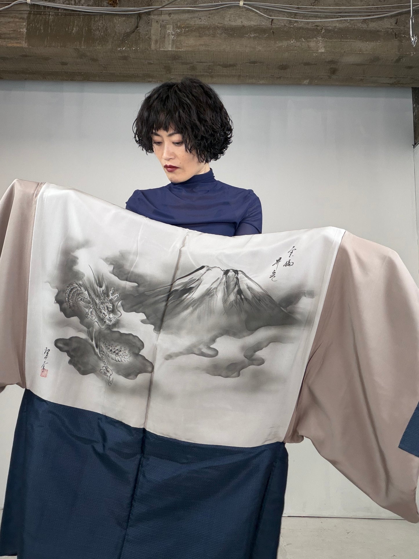 VINTAGE KAWAII HAORI oversized  "oshima, blue, fuji,  dragon 013"