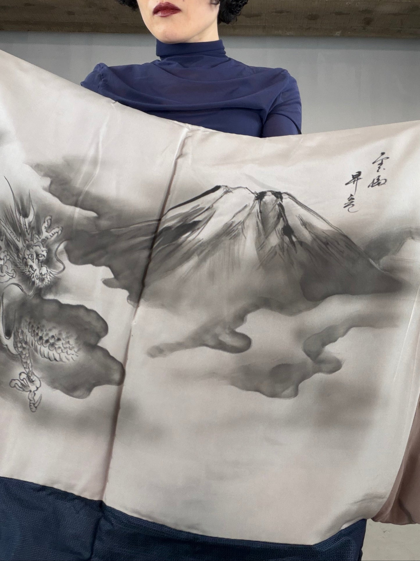 VINTAGE KAWAII HAORI oversized  "oshima, blue, fuji,  dragon 013"