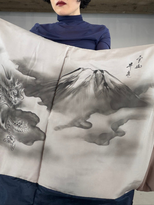 VINTAGE KAWAII HAORI oversized  "oshima, blue, fuji,  dragon 013"