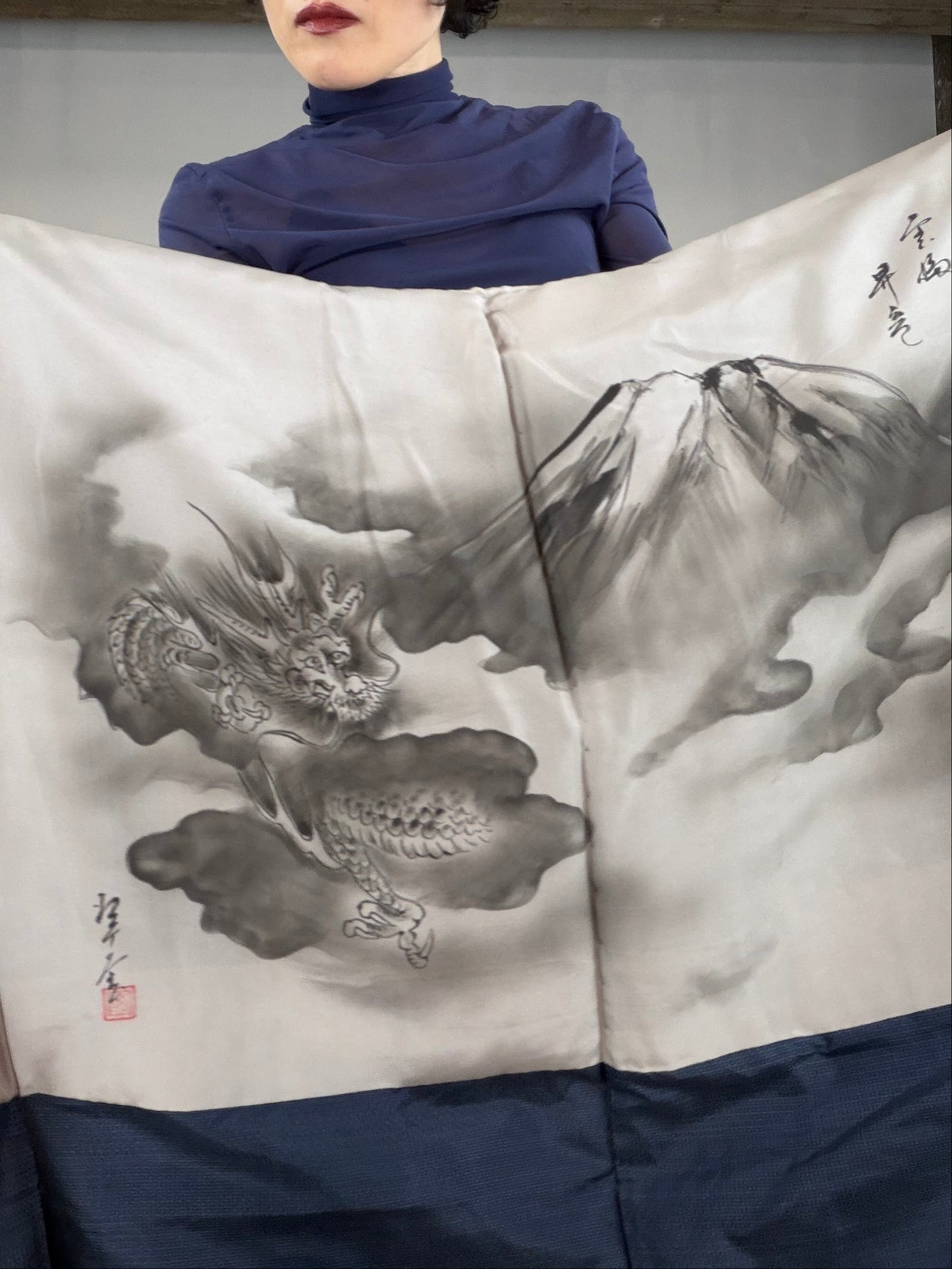 VINTAGE KAWAII HAORI oversized  "oshima, blue, fuji,  dragon 013"