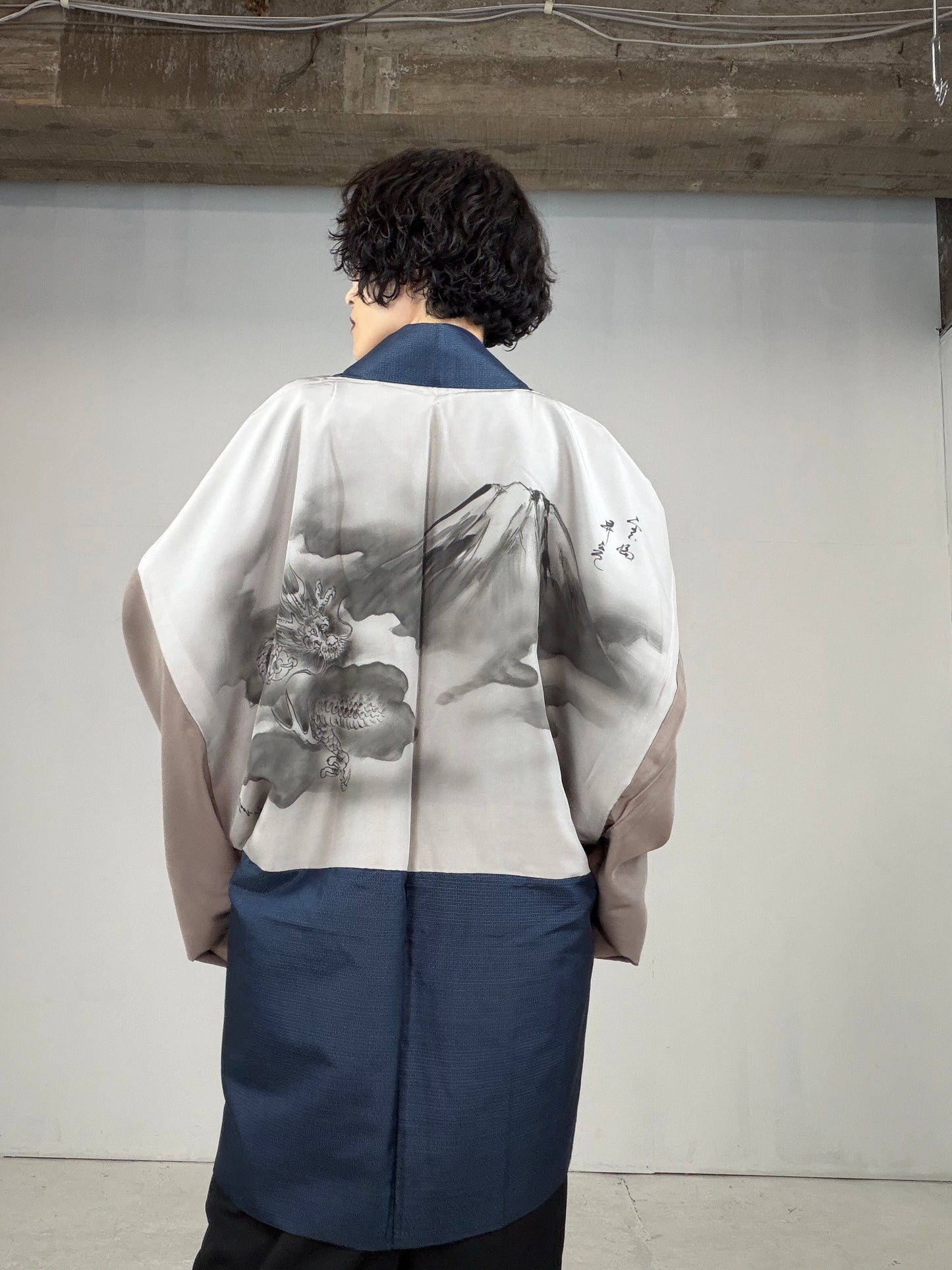 VINTAGE KAWAII HAORI oversized  "oshima, blue, fuji,  dragon 013"